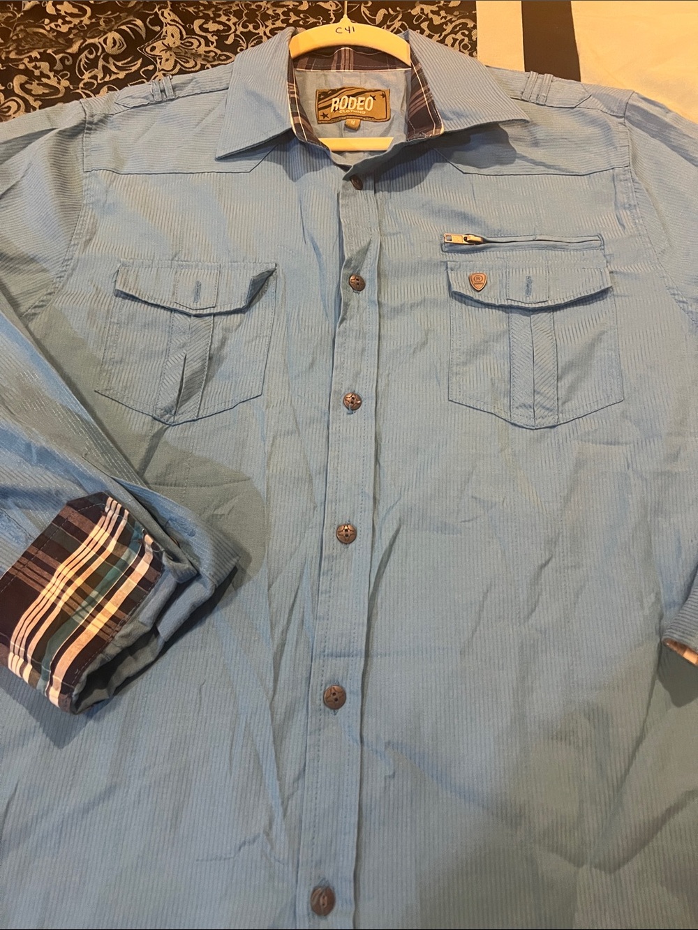 Rodeo Light Blue Button-Up Shirt with Plaid Cuff Detail - Picture 8 of 8